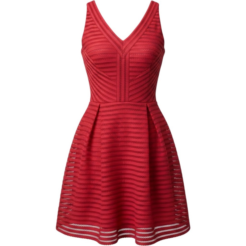 Beulah Style Red Mesh Stripe V-Neck Fit and Flare Skater Dress CD6037 Womens S